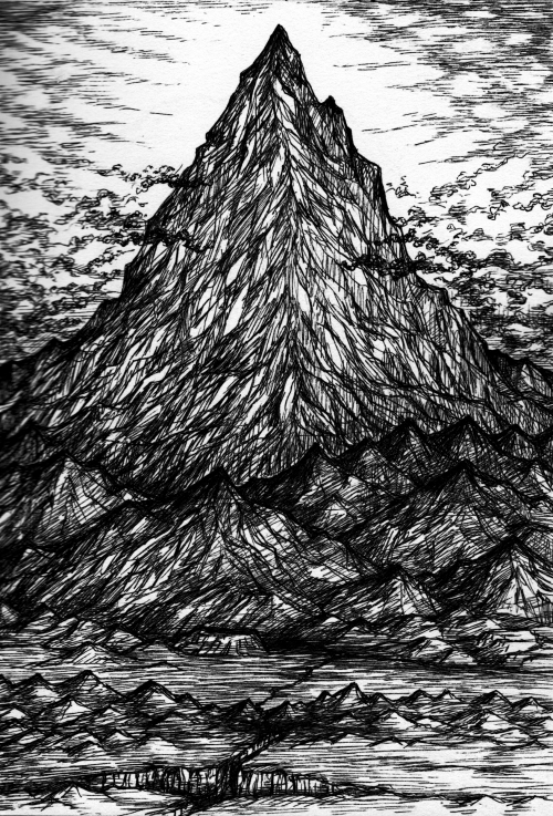 foxleycrow:View of Thangorodrim. Ink drawing. This is a focused view of just one of the peaks. I may
