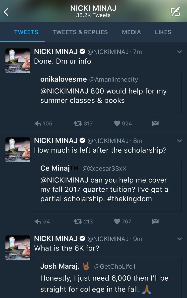 boyplease: lagonegirl:     Nicki Minaj is offering to pay tuition for dozens of her