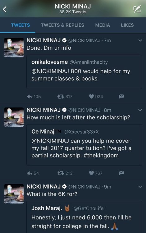 boyplease:lagonegirl:Nicki Minaj is offering to pay tuition for dozens of her followers on Twitter r