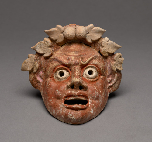 theancientwayoflife:  ~Mask of a Satyr. Culture: Greek (Sicilian) Place of origin: Sicily, Italy Date: 200 - 100 B.C. Medium: Terracotta with polychromy (brownish red, orange red, white, black, pink, sky blue) 