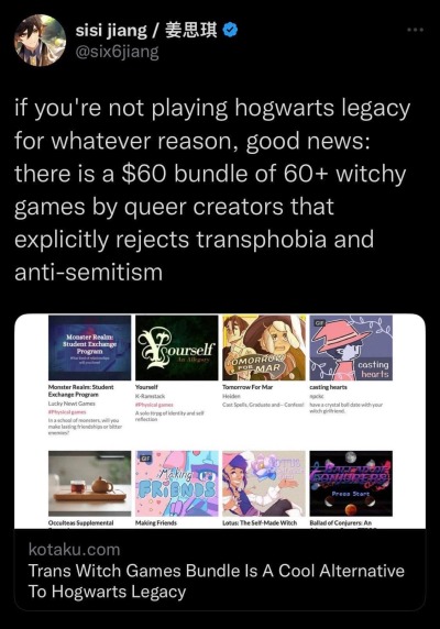 callmebliss:Trans Witches are Witches by Nathalie and 56 othersTrans Witches are Witches (Apprentice Edition) by Nathalie and 53 othersThe main bundle has 69 (heh) games for ์. The sister bundle has 66 games for บ. The sale runs Feb 10-24, 2023