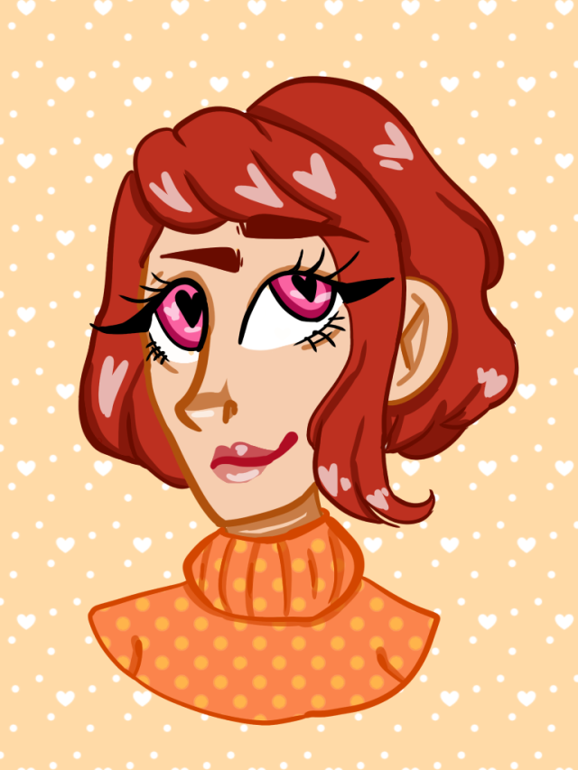 a digital drawing of trina from falsettos with a polkadot sweater on, and redder toned hair than she really has. a heart motif is common in the art