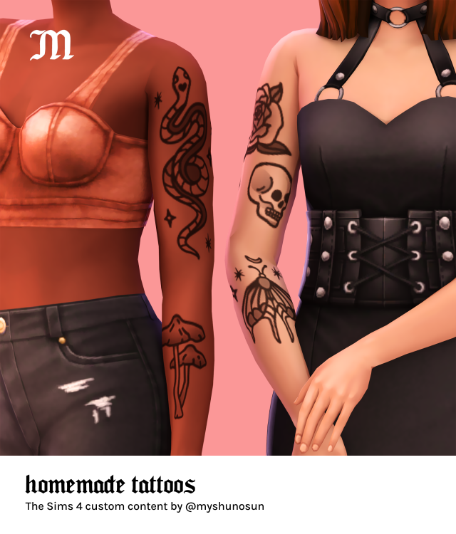 Two sim characters showing off their arm tattoos.