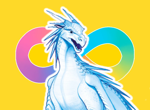Winter from the book Wings of Fire against a backdrop that is the autistic flag.