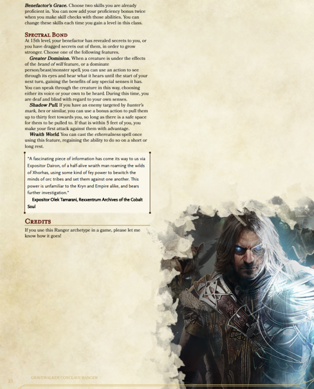 An image of the second page of the Gravewalker ranger subclass, the last features and a picture of Talion from the Shadow of War/Mordor video games. The full version can be found in the link in the text below.