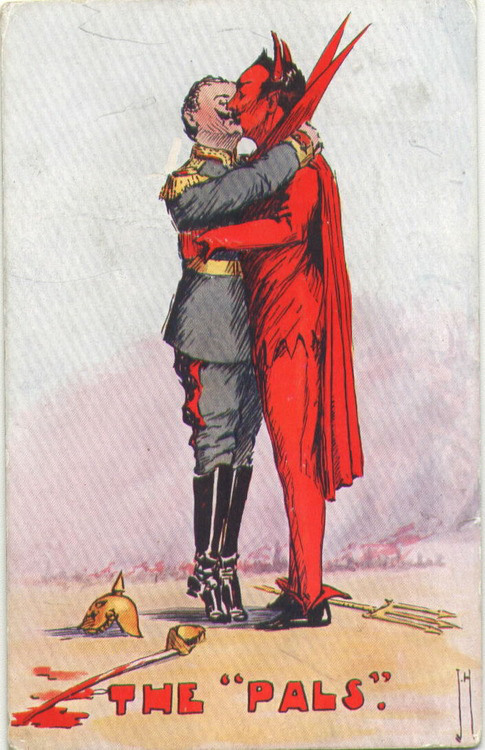 A World War I propaganda cartoon depicting the Kaiser kissing the devil.