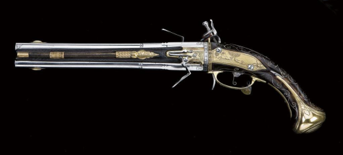 Over-under turn barrel flintlock Horseman’s size pistol signed “Joseph Hauer in Bamburg”