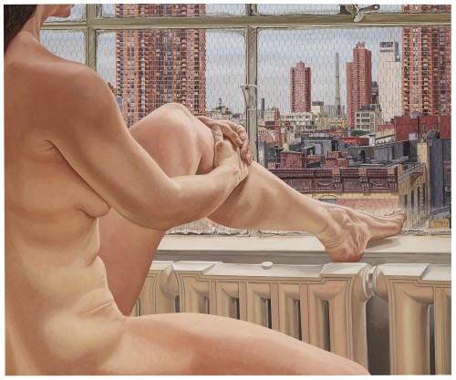 thunderstruck9:Philip Pearlstein (American, b. 1924), Nude and New York, 1985. Oil on canvas, 60 x 7