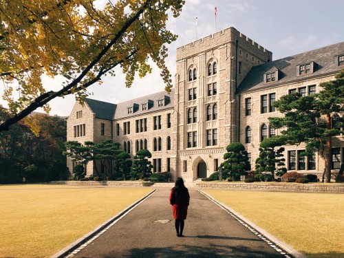 Autumn on the campus of Korea University.Korea University’s historic main hall was completed in 1934
