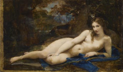 Paul Baudry (French; 1828–1886)Diane au repos = Diana ReposingOil on panel (mahogany), ca. 1859The W