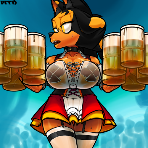 marthedog:   SHADE is helping out in the big family Oktoberfest event. They’re making her run around a lot. Trying to get her to sweat a bit, to show off some more skin.   Bigger versions on InkBunny and Pixiv 