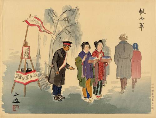 yajifun:  Japanese Vocations in Pictures - Series 2 / Wada Sanzo 昭和職業繪盡 第二輯　和田三造　1940年 Gasoline Stand ガソリンサービス / Soba Vendor 蕎麥の出前もち Shoe Cleaning 靴直し 靴磨 / Fish market 魚賣り /