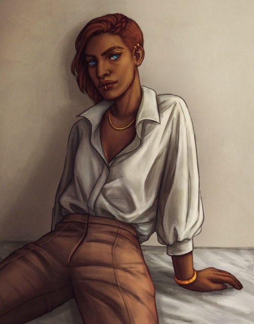 sevenredrobes: [ID: Fanart of Beau, dressed in modern clothes. The clothes are a white blouse and br