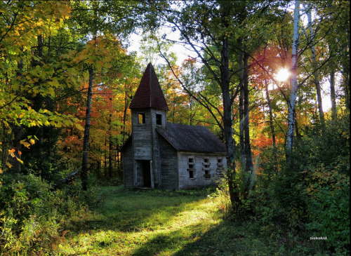 abandonedography: Abandoned Church in the fall and spring. Set off in the trees at the end of a dirt