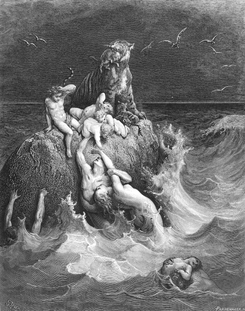 superbestiario:  Gustave dore, The holy bible.  On wikiart Adam and Eve Are Driven out of Eden Cain Slays Abel The Confusion of Tongues (The tower of Babel) The Deluge Jacob Wrestling with the Angel Samson Slays a Lion The Destruction of Leviathan David