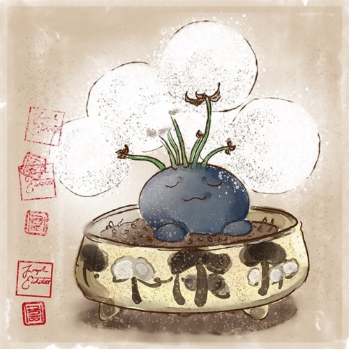 josepheichstaedt:A Sunkern, a Oddish, a Jumpluff, and a Hoppip sleeping in some Ogata Kenzan vessels