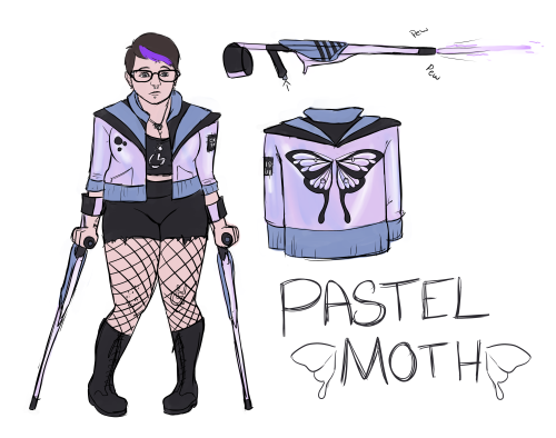 ogrefairydoodles:ficklefaearts:Made a killjoysona for fun. Pastel Moth. My crutches are guns because
