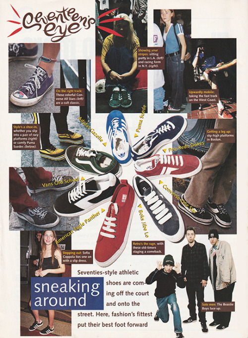 justseventeen: February 1994. ‘Seventies-style athletic shoes are coming off the court and ont