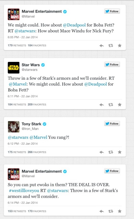 yen-sama:102sweetdreamslove:blogger-for-the-dragon-at-221b:snoopdogghasjeansanddresses: squallluis:  Just in case you missed this on twitter yesterday. Marvel and Star Wars are at it!  Help  welp:’D   omg this is great  OMG