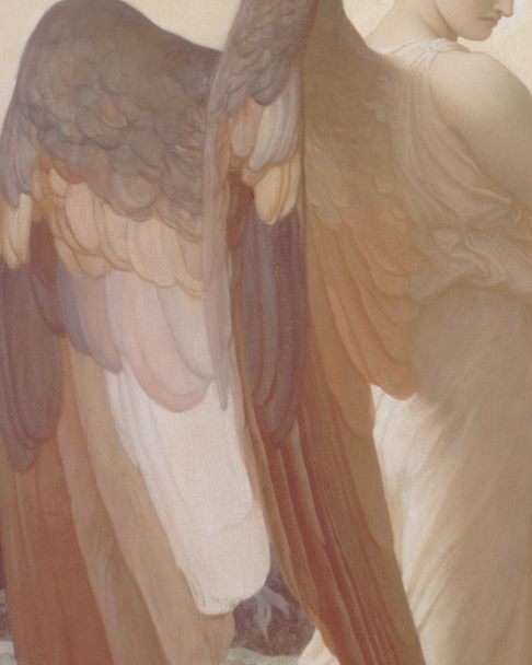 aestheticallyaccessible:[ID: An old, realistic painting of the back of an angel and their wings. The