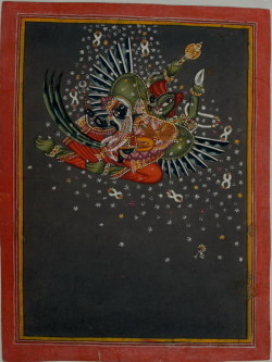 pmikos:  Indian miniature painting: Vishnu and Garuda seated on Garuda flying into the night sky. Bundi, circa 1820. Opaque watercolour with gold on wasli. 23.5 x 15.7cm