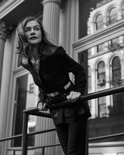 French actress Isabelle Huppert with architecture in “Isabelle” for Madame Air France, February 2015