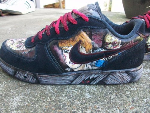 Hand painted ‘Night of the Living Dead’ custom Nikes with hand made aluminum engraved sh