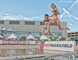 trackandfieldimage:  Emma Coburn (9) and Ashley Higginson, over the water jump at the 2014 USA Outdoor Champs in Sacramento ,California. photo by Jeff Cohen /  instagram jeffcohenphoto Trackandfieldimage.com Jeff Cohen’s photo exhibit, “BEAUTIFUL