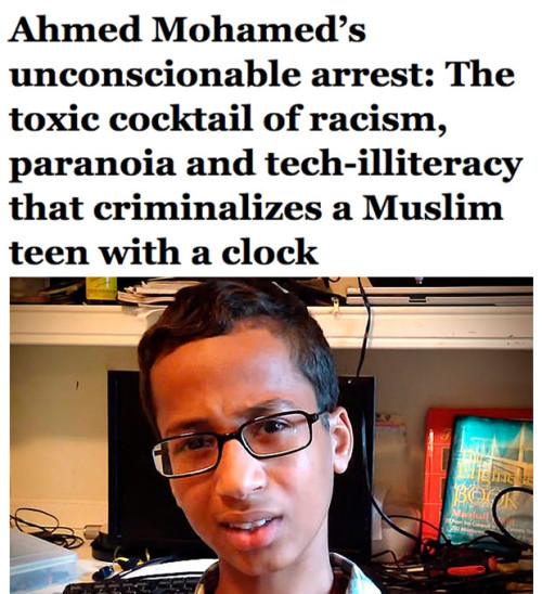 salon:  salon:     The outlook of mechanically-minded students of color could not have been helped by the fact that yesterday, police in Texas arrested a ninth-grader for making a clock and bringing it to school. The kid had loved robotics club in middle