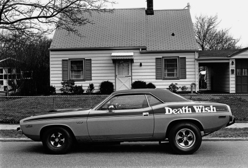 bronzeaged:  highway62:  jonasgrossmann:  joseph szabo… 1976 @ mbphoto  Challenger? Looks like a Challenger.  Barracuda.  That’s an emblem, just after the ‘Death Wish’ script.   Best I can tell by the placement being on the rear quarter, this