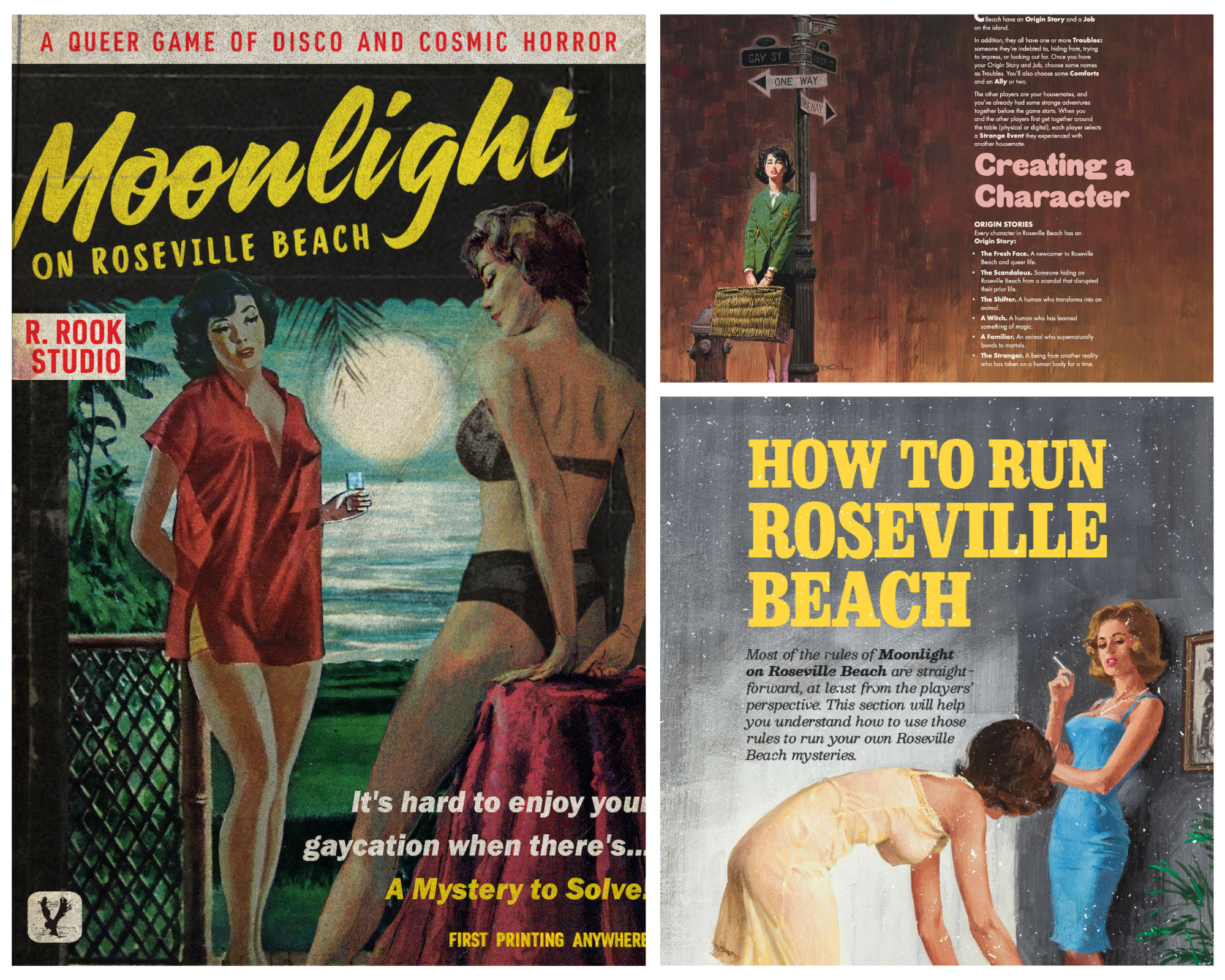 The Roseville Beach cover with the character creation section spread and the "how to run Roseville Beach" spread.