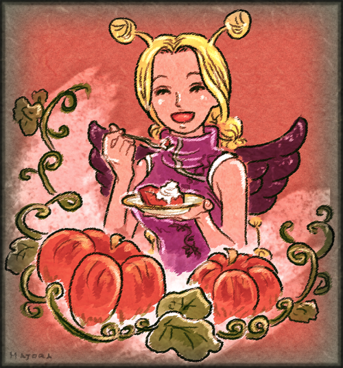 majoraop: @opfoodzine: Conis masquerading as a dark angel and eating a pumpkin pie for your OP Hallo