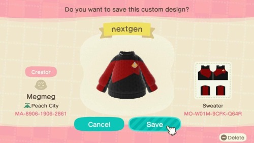 sttngfashion:
“I happened upon these cute TNG tops while visiting an island in Animal Crossing today! She has engineering and science if you look up her creator code! 😍😍
”