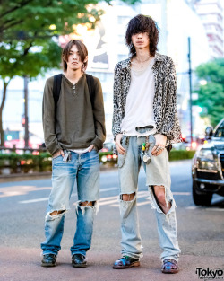 tokyo-fashion:  18-year-old Nashu and 20-year-old Toku on the street in Harajuku wearing ripped denim and fashion by Levi’s, Hysteric Glamour, Bounty Hunter, Vivienne Westwood, Dr. Martens, and HumanExperiments. Full Looks