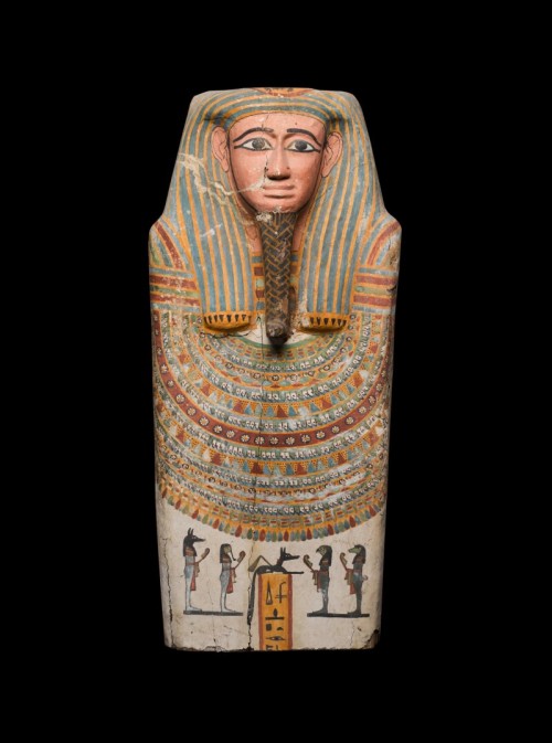 The Upper Part of an Egyptian Polychrome Wood Coffin Cover25th/26th Dynasty, 750-525 B.C.Wearing a b