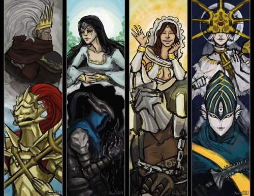 cmykristy:The 4 knights and children of Gwyn.(They’re bookmarked-sized! I might clean these up one d
