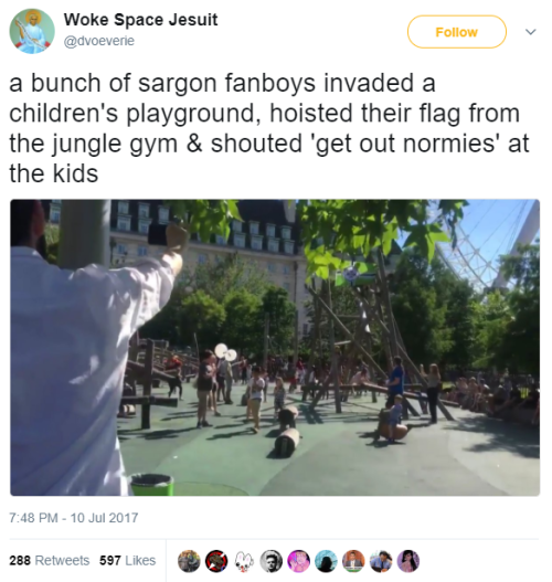 dialectical-devitoism: therealcringe: ready to be told how flying a green nazi flag and yelling memes at children is somehow a genius parody of leftist identity politics by a 20something dude with “shitposter” in his bio self-owning is the best method