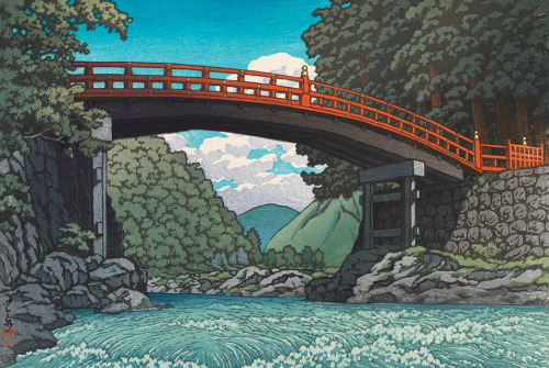 oda-a:Kawase Hasui 川瀬巴水 (Japan 1883–1957)Shin Bridge, Nikko (1953)color woodblock print on laid pape