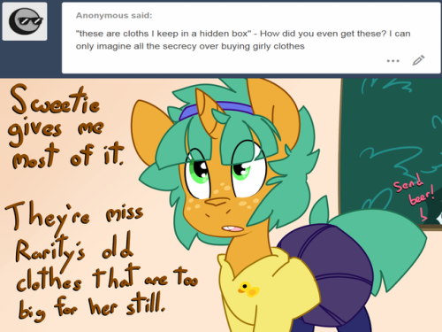 ask-glittershell: “The rest I sneak from Diamond Tiara’s trash…  It’s small but she throws out a lot of good cloths!”  [Support Glittershell on Patreon]  x3