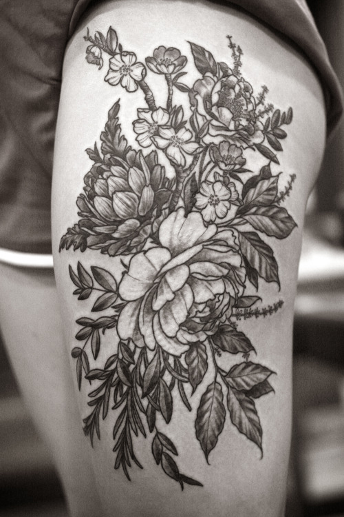 fuckyeahtattoos: Floral thigh piece by Alice Carrier at Wonderland Tattoo in Portland, OR. wo