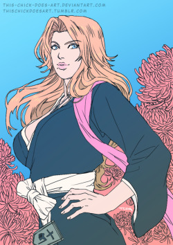 thischickdoesart:  R is for RANGIKU MATSUMOTO of Bleach   Now that the manga for Bleach is finished I can start re-reading it, lol. Rangiku was an interesting character for me in terms of her little spoken of past and tumultuous relationship with Gin,