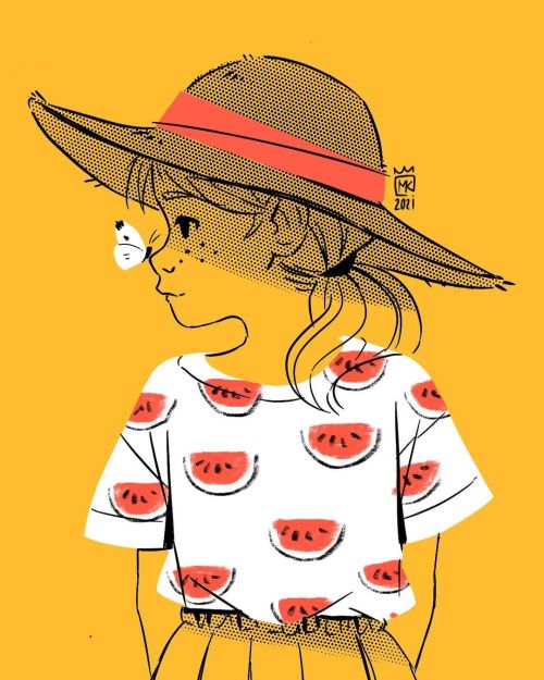 #summer #lato #kid #dziewczynka #arbuz #motyl #slomkowykapelusz #strawhat #illustration #watermelon 