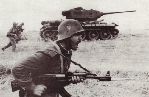 main-battle-tank:partisan1943:Military exercises of the Bulgarian People`s Army, 1950s.T-34