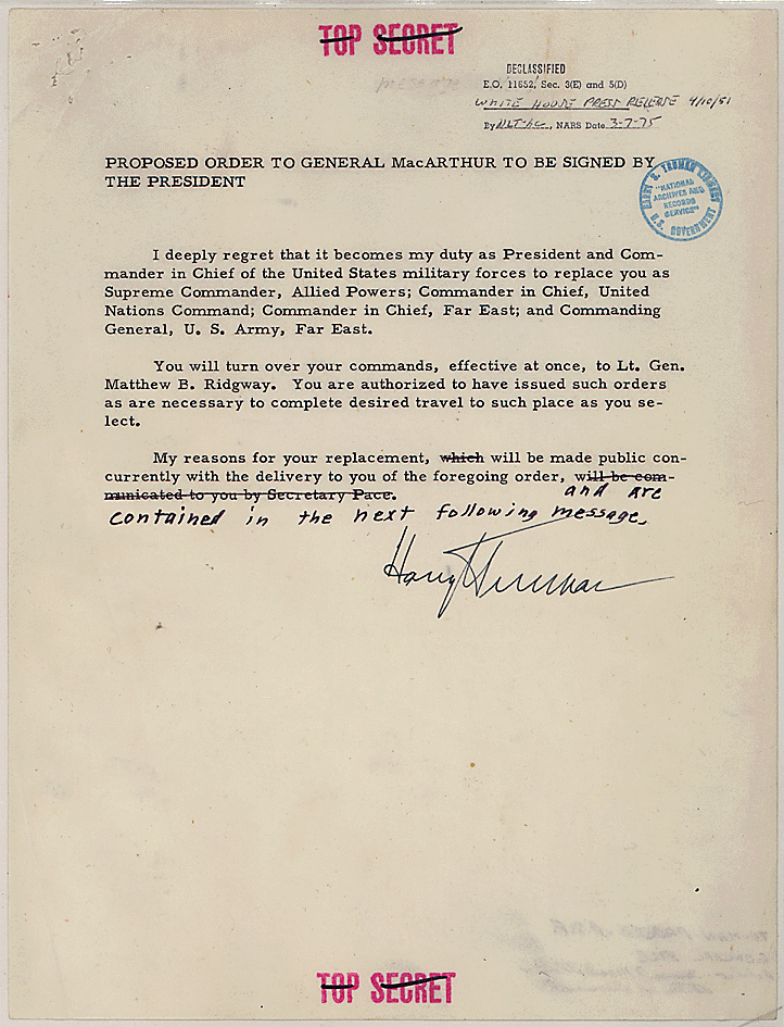 Today's Document — Truman to MacArthur: “You're Fired” Proposed...