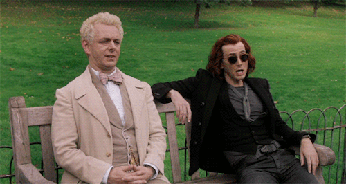 mizgnomer:Aziraphale and Crowley - sitting on park benches in Good Omens“We spend a lot of time just