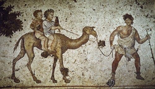 historyarchaeologyartefacts:Roman mosaic showing two children on a camel. The object is located in t