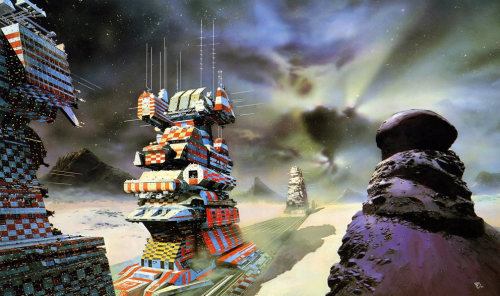 70sscifiart:  “Over the course of more than 1,000 covers, the Foss future gradually gained recognizable themes regardless of whose book they adorned. Massive tanks and robots commonly scavenged through decaying piles of machinery on brutalist alien