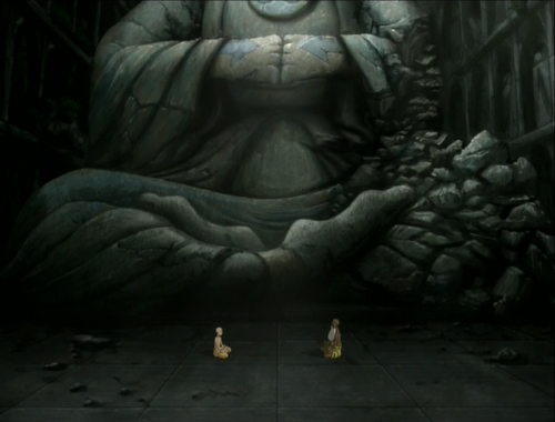 aanglerfish: the avatar meditating in front of yangchen’s statue with a spiritual master  