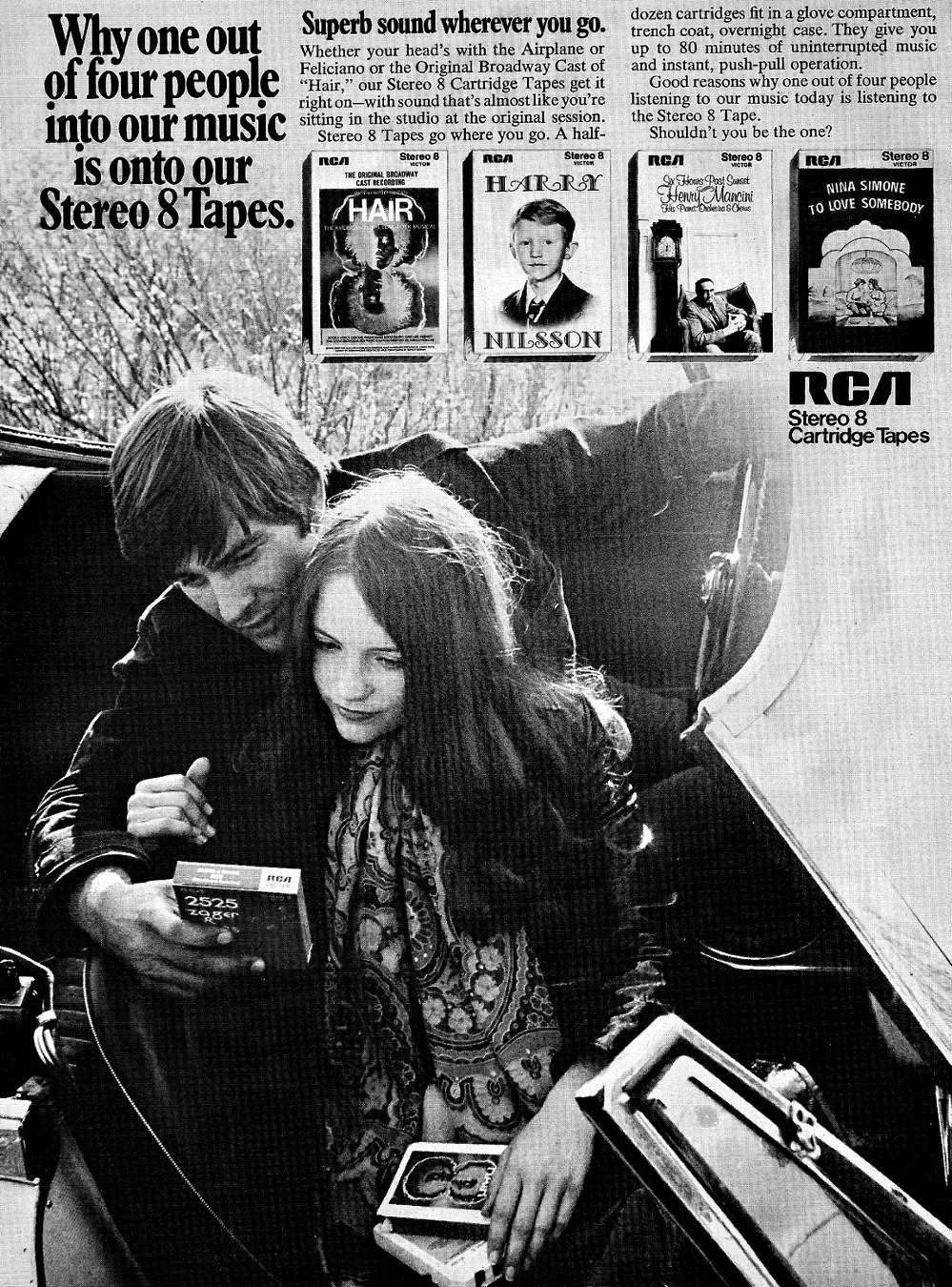 savetheflower-1967:  Stereo 8-Track Cartridge Tape ad, 1969.