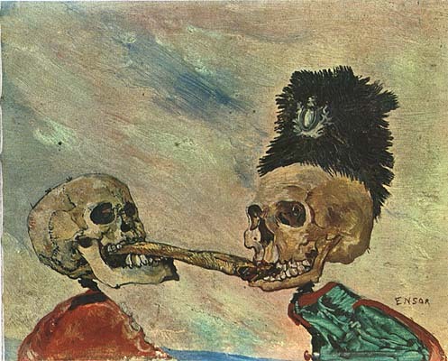 druidviolence:James Ensor, Skeletons fighting over a smoked herring (1891)